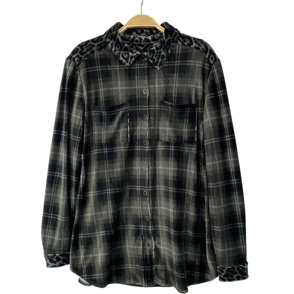 Susan Graver Whimsigoth Corduroy Shirt‎ Women SP Black Plaid Animal Print Trim